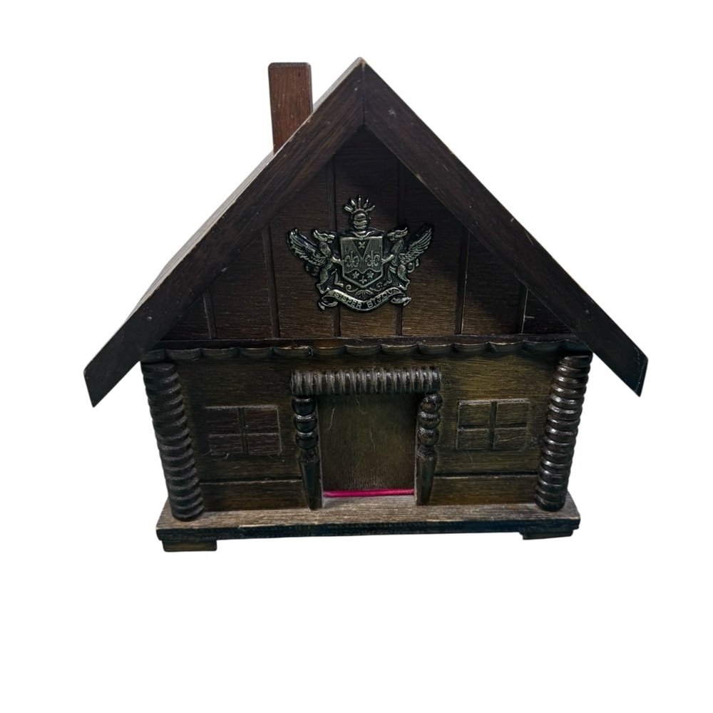 Vintage Wood Cottage House Trinket Jewelry Storage Box Shield Crest MCM